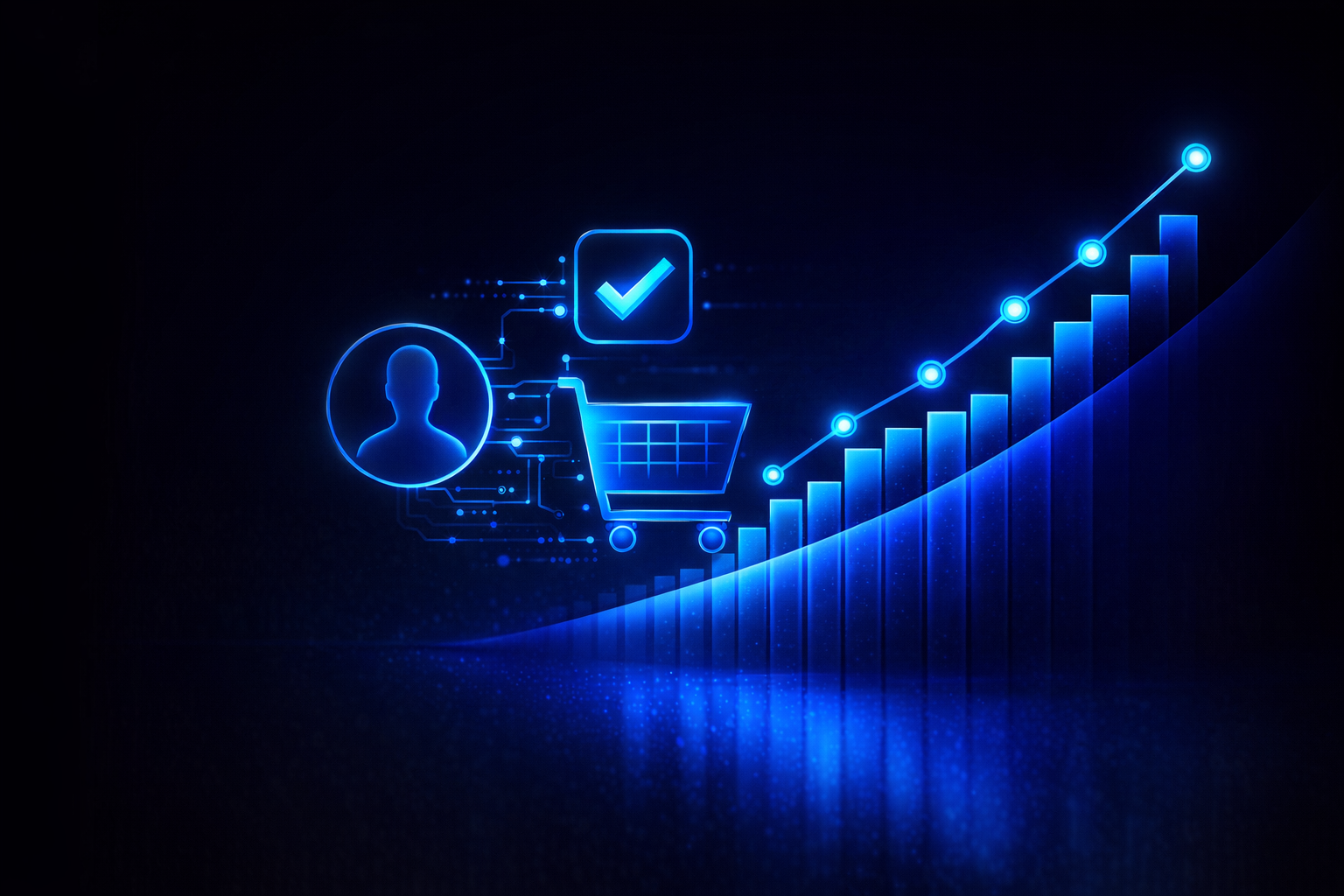 Enhanced Conversions in Google Ads: Illustration der Verknüpfung verschiedener Nutzerdaten bis hin zur Conversion. Illustration eines Profilbilds das mit einem Haken und einem Warenkorb verbunden ist. Diese Verbindung führt zu Wachstum.