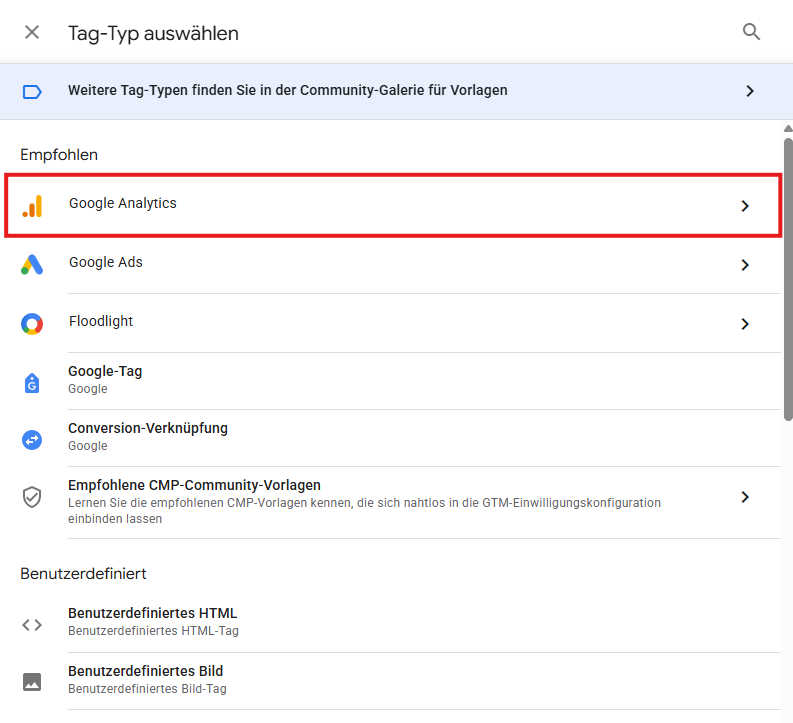 Google Analytics als Tag Typ auswählen.