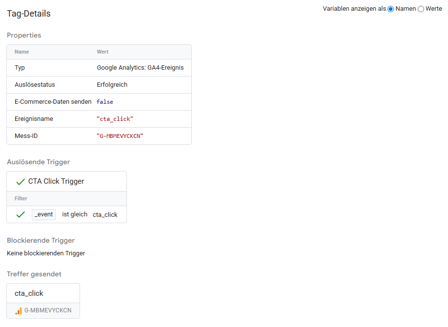 Mithilfe des Google Tag Manager Debug Modes prüfen, ob der Tag ausgelöst wurde und Daten an GA4 gesendet hat.