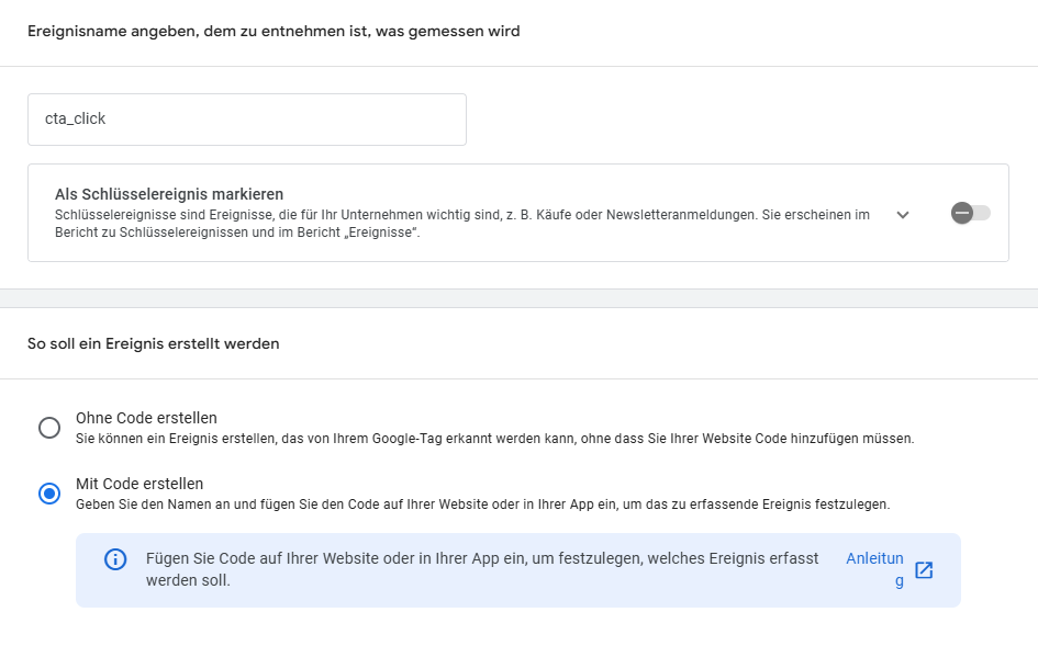 "cta_click" als Ereignis in der GA4 Property anlegen.