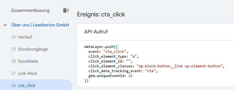 Mithilfe des Google Tag Manager Debug Modes prüfen, ob das Ereignis "cta_click" korrekt ausgelöst wird.