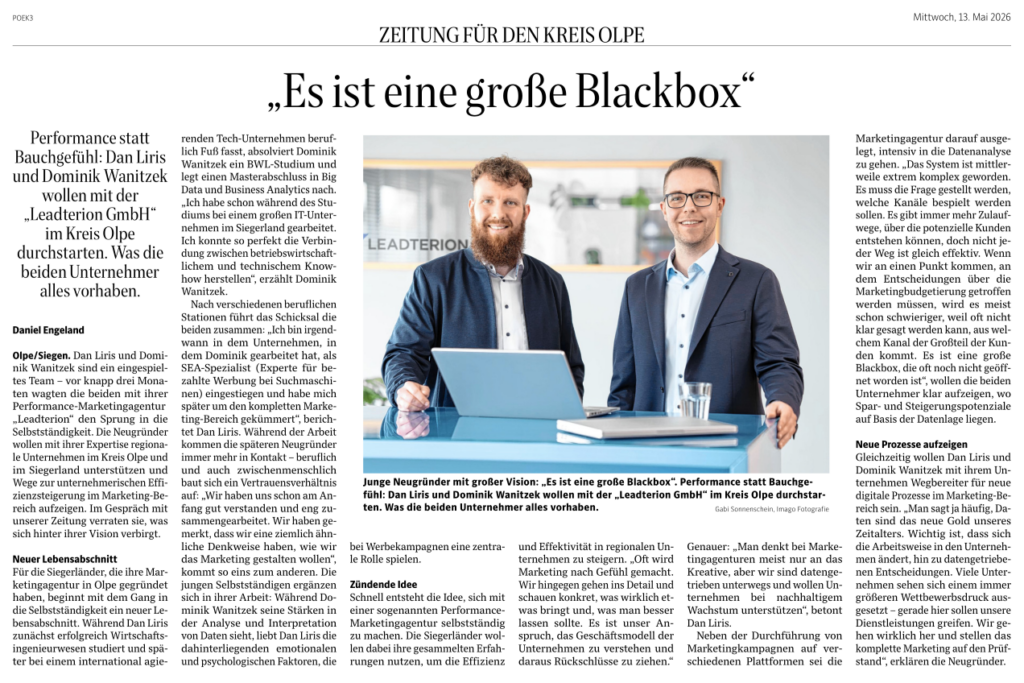 Zeitungsartikel in der Westfalenpost vom 13.05.2026 über die Werbeagentur Leadterion GmbH in Olpe. Der Titel des Artikels lautet "Es ist eine große Blackbox".