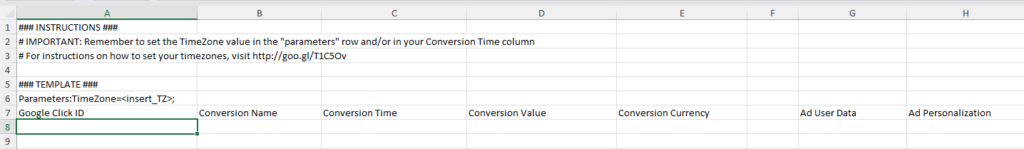 Google Ads Excel Conversion Upload Vorlage Screenshot.