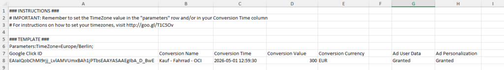 Google Ads Excel Conversion Upload Vorlage mit Beispiel Daten.