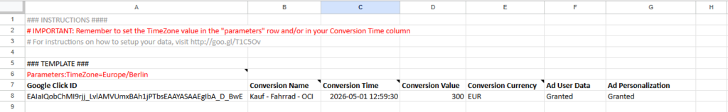 Google Sheets Conversion Upload Vorlage mit Beispieldaten.