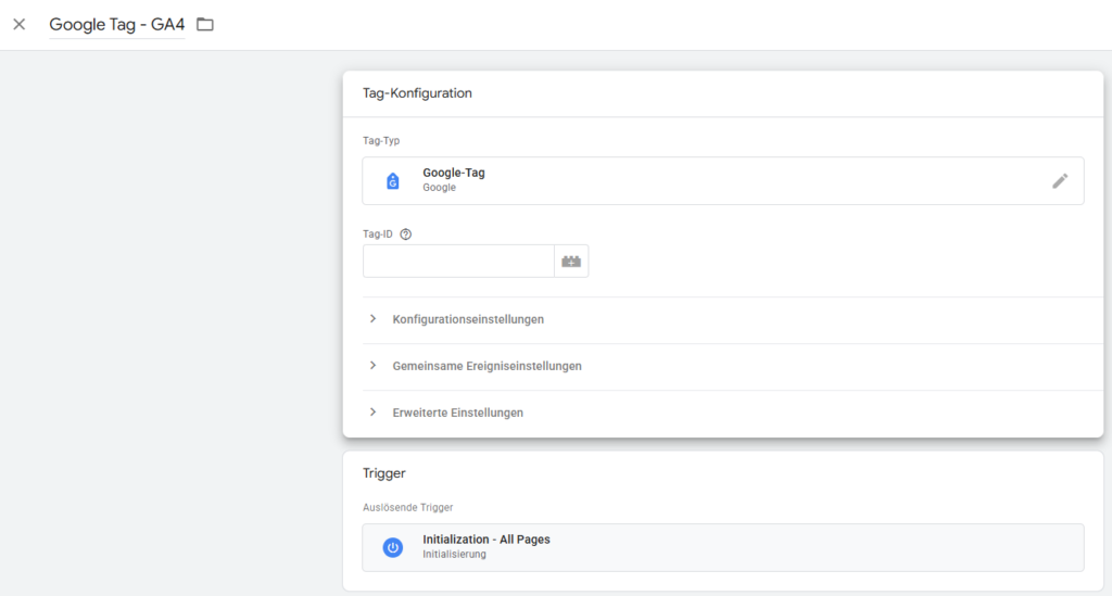Hier tragen Sie die notwendigen Informationen für den GA4 Google Tag im Tag Manager ein.