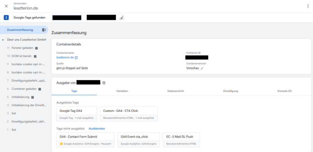 Der Google Tag Manager Debug-Mode bietet auch eine Zusammenfassung aller ausgelösten Tags auf einer Seite.