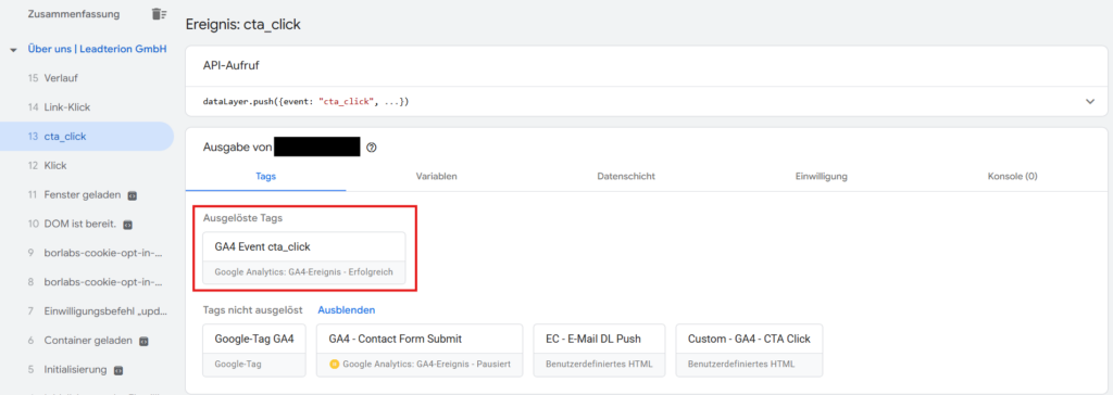 Im Debug Mode des Google Tag Managers sehen Sie auch, welche Tags wann ausgelöst wurden.
