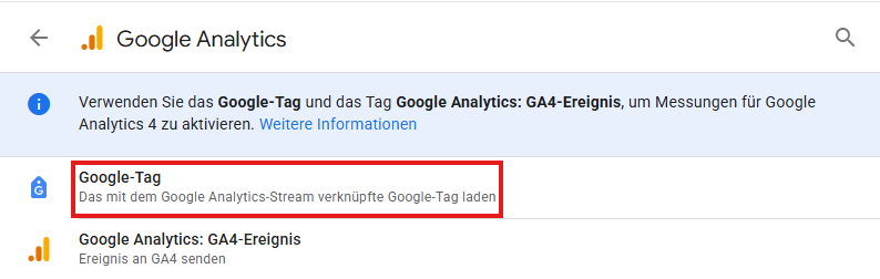 Diesen Tag-Typ wählen Sie im Google Tag Manager um den GA4 Google Tag einzurichten.